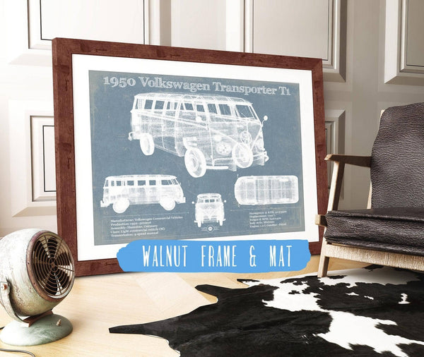 20" x 16" / Walnut Frame & Mat Cutler West 1950 Volkswagen Transporter T1 Vintage Blueprint Auto Print