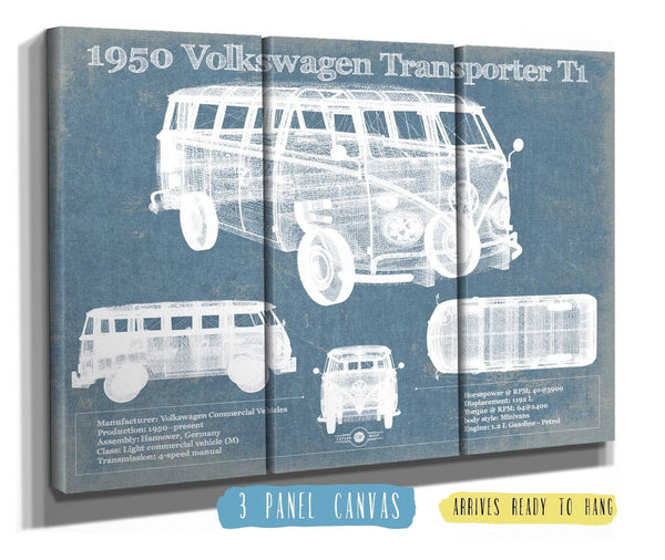 36" x 24" / 3 Panel Canvas Wrap Cutler West 1950 Volkswagen Transporter T1 Vintage Blueprint Auto Print