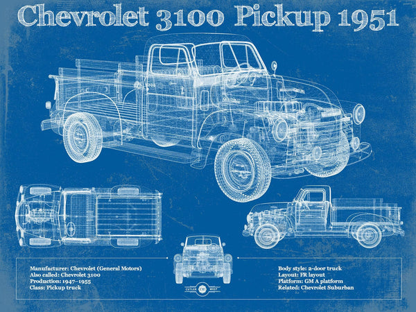 14" x 11" / Unframed Cutler West 1951 Chevy 3100 Pickup - Blueprint Vintage Auto Print