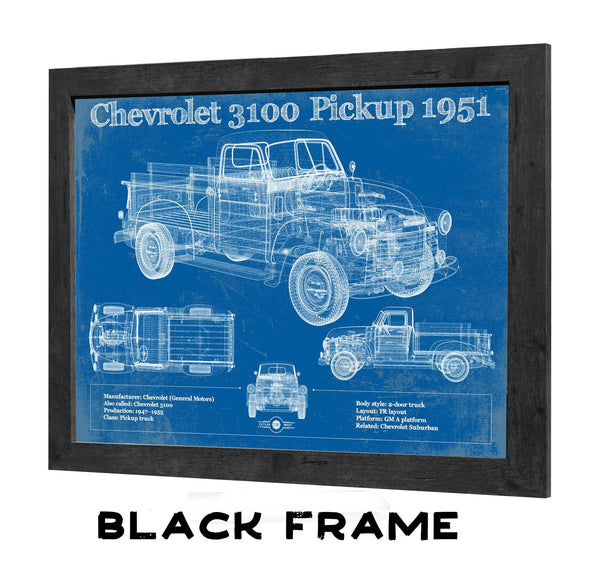 20" x 16" / Black Frame Cutler West 1951 Chevy 3100 Pickup - Blueprint Vintage Auto Print