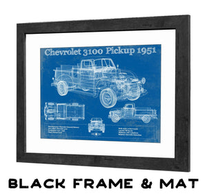 20" x 16" / Black Frame & Mat Cutler West 1951 Chevy 3100 Pickup - Blueprint Vintage Auto Print