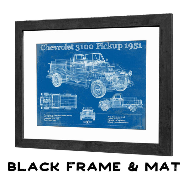 20" x 16" / Black Frame & Mat Cutler West 1951 Chevy 3100 Pickup - Blueprint Vintage Auto Print