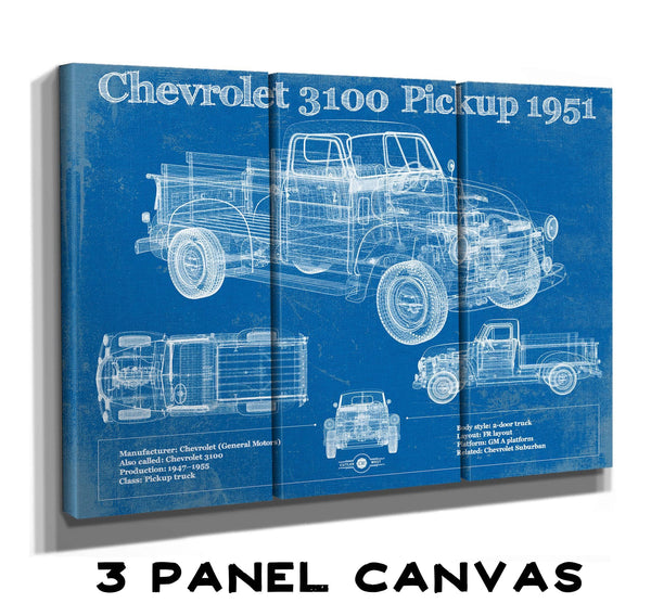 36" x 24" / 3 Panel Canvas Wrap Cutler West 1951 Chevy 3100 Pickup - Blueprint Vintage Auto Print