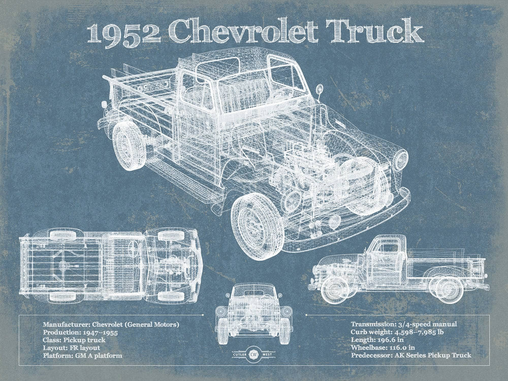 14" x 11" / Stretched Canvas Wrap Cutler West 1952 Chevrolet Truck Blueprint Vintage Auto Print