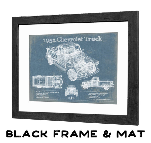 20" x 16" / Black Frame & Mat Cutler West 1952 Chevrolet Truck Blueprint Vintage Auto Print