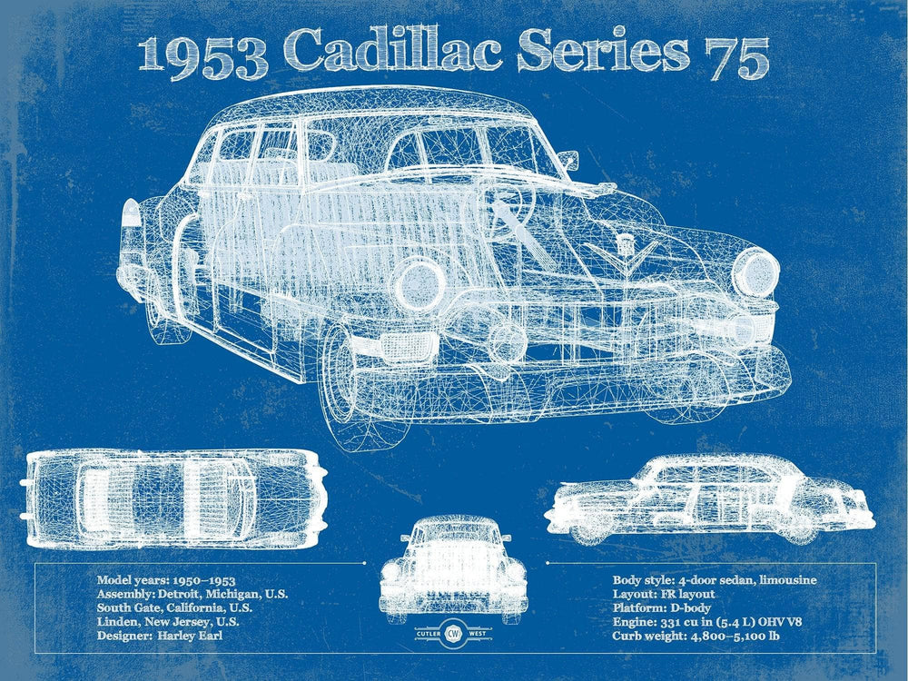 14" x 11" / Stretched Canvas Wrap Cutler West 1953 Cadillac Series 75 Vintage Blueprint Auto Print