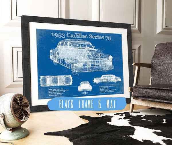 20" x 16" / Black Frame & Mat Cutler West 1953 Cadillac Series 75 Vintage Blueprint Auto Print