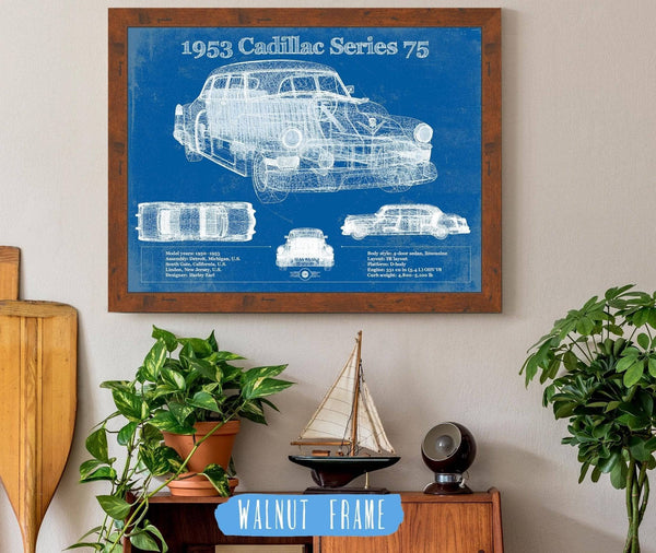 20" x 16" / Walnut Frame Cutler West 1953 Cadillac Series 75 Vintage Blueprint Auto Print