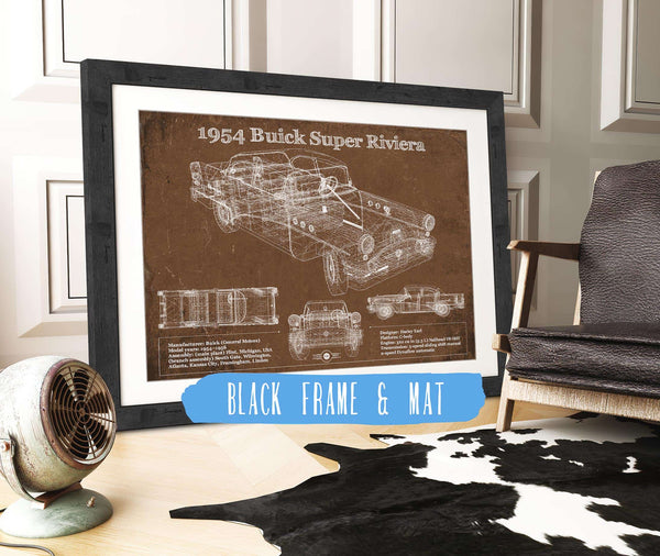 20" x 16" / Black Frame & Mat Cutler West 1954 Buick Super Riviera Vintage Blueprint Auto Print