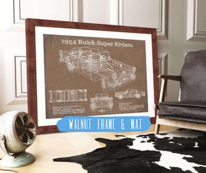 20" x 16" / Walnut Frame & Mat Cutler West 1954 Buick Super Riviera Vintage Blueprint Auto Print