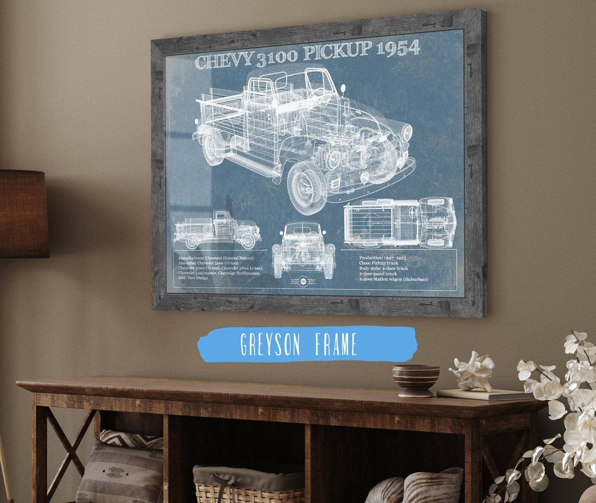 1954 Chevrolet 3100 Pickup Vintage Blueprint Truck Art by Cutler West