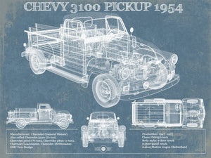14" x 11" / Unframed Cutler West 1954 Chevrolet 3100 Pickup Vintage Blueprint Truck Print