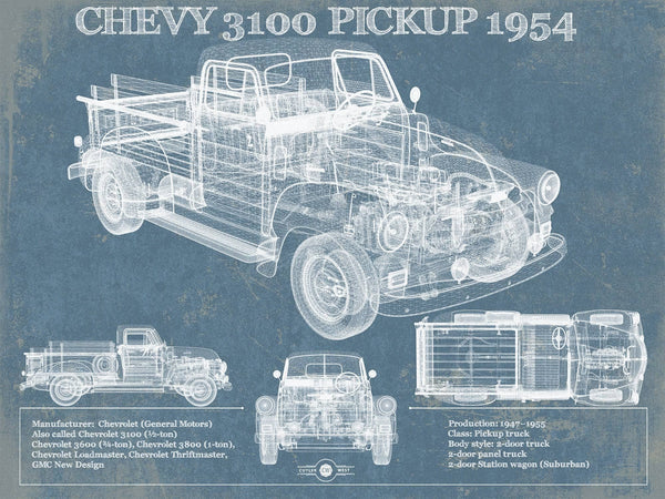 14" x 11" / Unframed Cutler West 1954 Chevrolet 3100 Pickup Vintage Blueprint Truck Print
