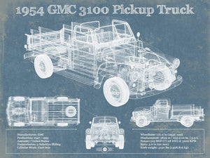 14" x 11" / Unframed Cutler West 1954 GMC 3100 Pickup Truck Vintage Blueprint Auto Print