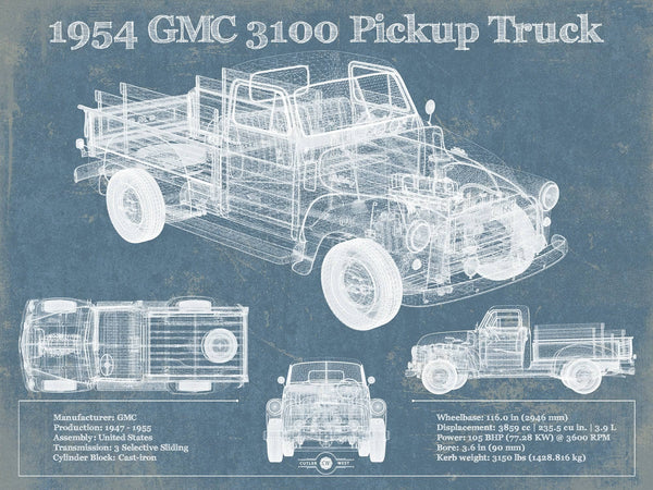 14" x 11" / Unframed Cutler West 1954 GMC 3100 Pickup Truck Vintage Blueprint Auto Print