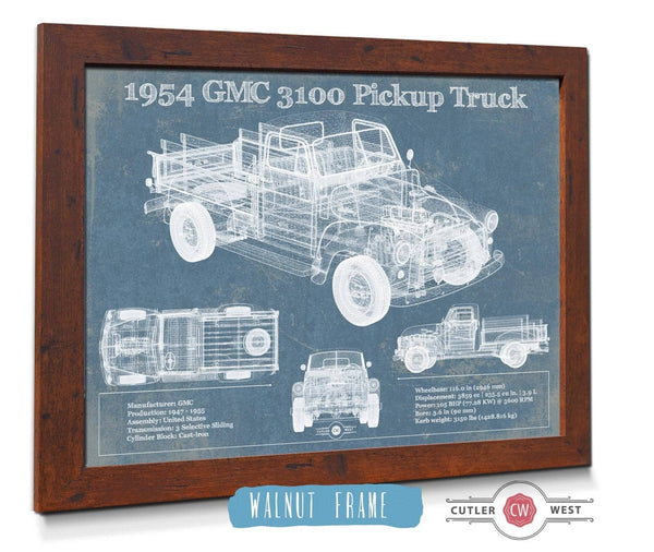 20" x 16" / Walnut Frame Cutler West 1954 GMC 3100 Pickup Truck Vintage Blueprint Auto Print