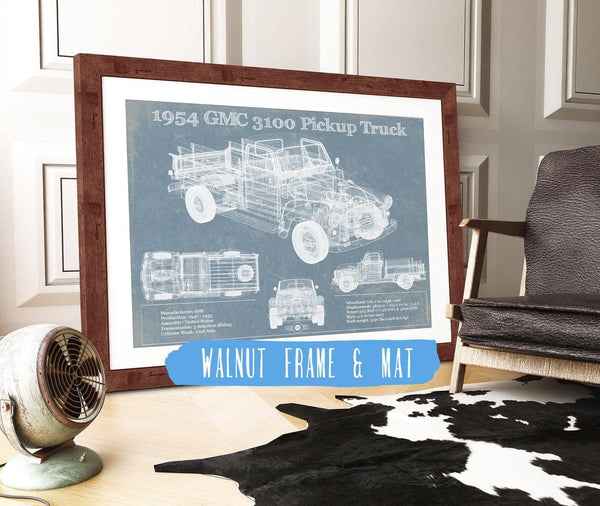 20" x 16" / Walnut Frame & Mat Cutler West 1954 GMC 3100 Pickup Truck Vintage Blueprint Auto Print