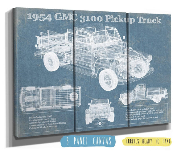 36" x 24" / 3 Panel Canvas Wrap Cutler West 1954 GMC 3100 Pickup Truck Vintage Blueprint Auto Print