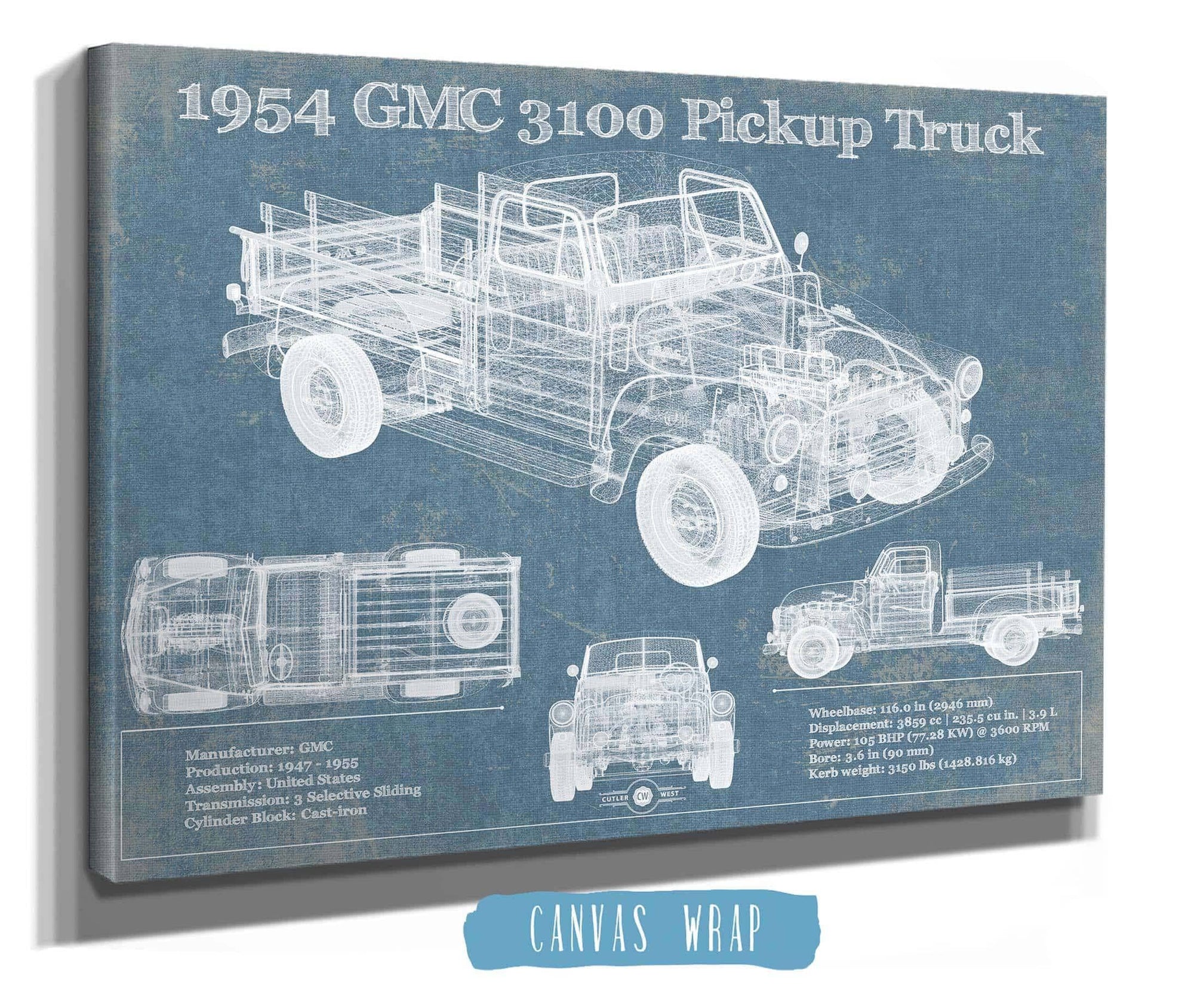 Cutler West Vehicle Collection 1954 GMC 3100 Pickup Truck Vintage Blueprint Auto Print