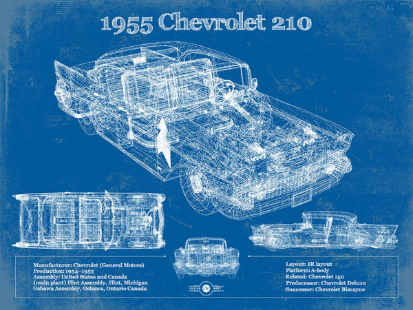 14" x 11" / Unframed Cutler West 1955 Chevrolet 210 4 Door Sedan Vintage Blueprint Auto Print