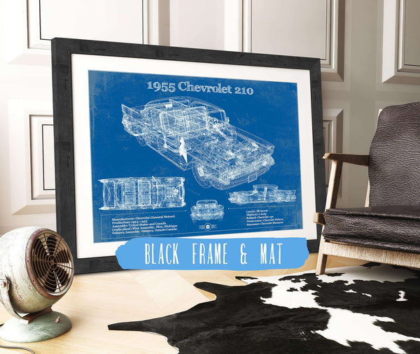 20" x 16" / Black Frame & Mat Cutler West 1955 Chevrolet 210 4 Door Sedan Vintage Blueprint Auto Print