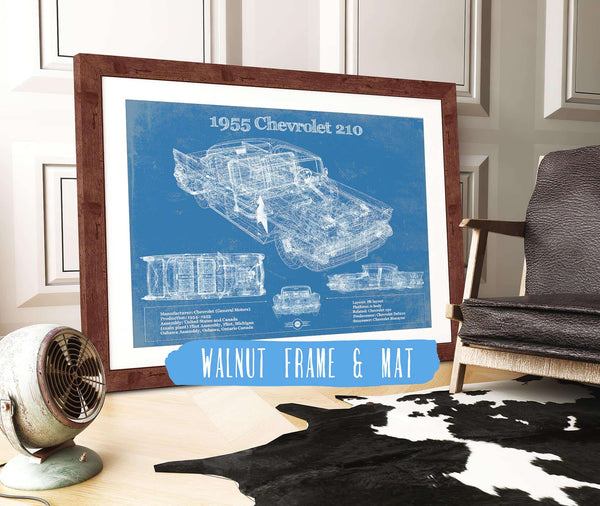 20" x 16" / Walnut Frame & Mat Cutler West 1955 Chevrolet 210 4 Door Sedan Vintage Blueprint Auto Print