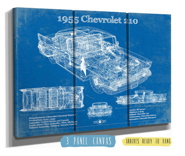 36" x 24" / 3 Panel Canvas Wrap Cutler West 1955 Chevrolet 210 4 Door Sedan Vintage Blueprint Auto Print