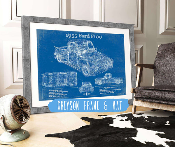 14" x 11" / Greyson Frame & Mat Cutler West 1955 Ford F100 Vintage Blueprint Auto Print