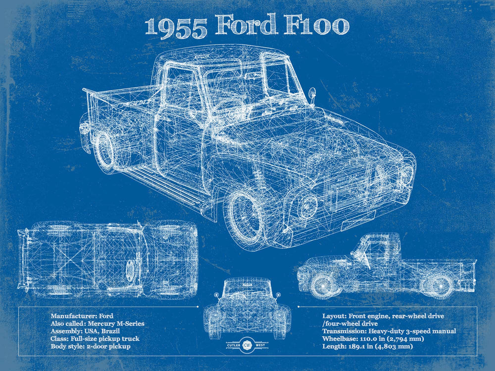 14" x 11" / Stretched Canvas Wrap Cutler West 1955 Ford F100 Vintage Blueprint Auto Print