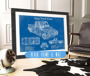 20" x 16" / Black Frame & Mat Cutler West 1955 Ford F100 Vintage Blueprint Auto Print