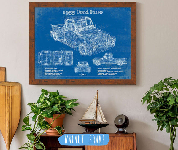 20" x 16" / Walnut Frame Cutler West 1955 Ford F100 Vintage Blueprint Auto Print