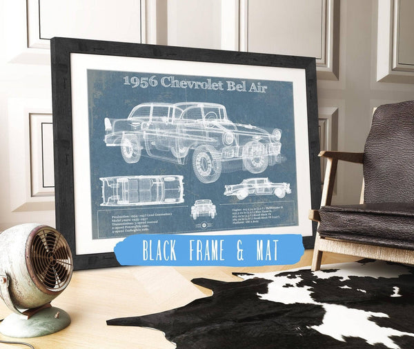 20" x 16" / Black Frame & Mat Cutler West 1956 Chevrolet Bel Air Blueprint Vintage Auto Print