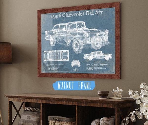 20" x 16" / Walnut Frame Cutler West 1956 Chevrolet Bel Air Blueprint Vintage Auto Print