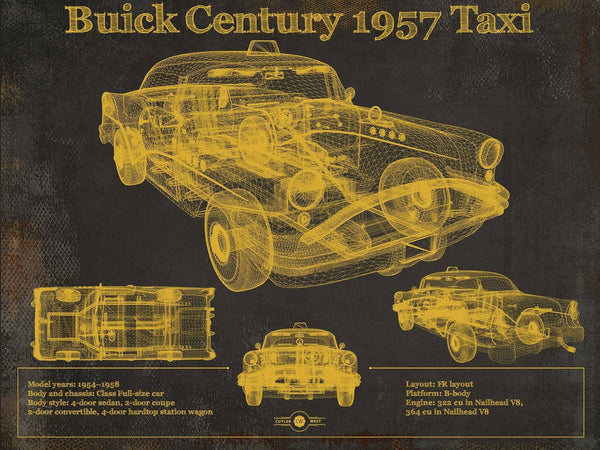 14" x 11" / Unframed Cutler West 1957 Buick Century Taxi Blueprint Dark Color Vintage Auto Print