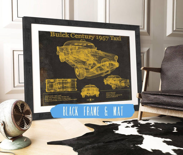 20" x 16" / Black Frame & Mat Cutler West 1957 Buick Century Taxi Blueprint Dark Color Vintage Auto Print