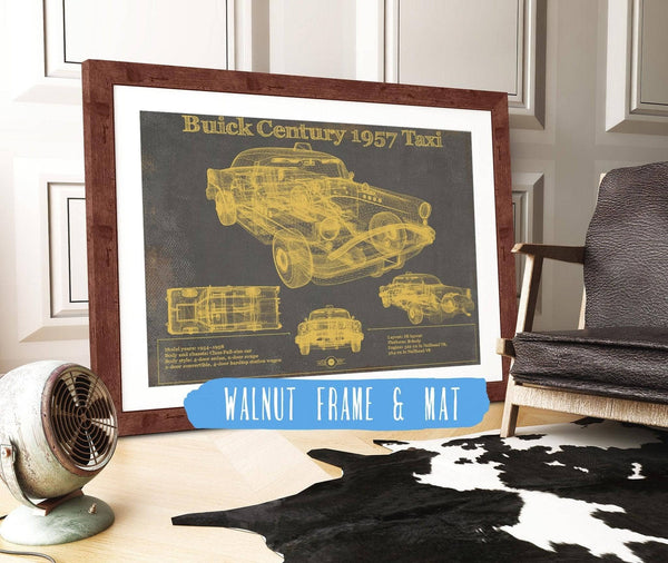 20" x 16" / Walnut Frame & Mat Cutler West 1957 Buick Century Taxi Blueprint Dark Color Vintage Auto Print