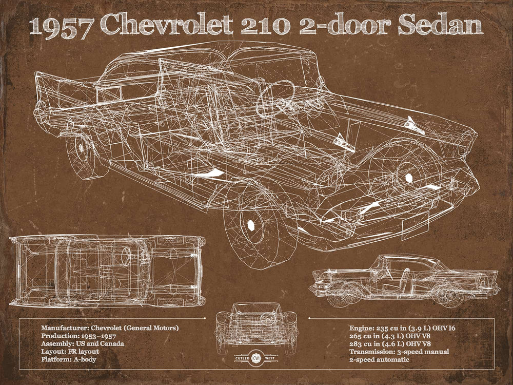 14" x 11" / Stretched Canvas Wrap Cutler West 1957 Chevrolet 210 2 Door Sedan Vintage Blueprint Auto Print