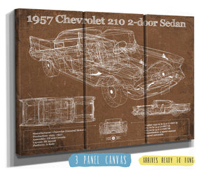 36" x 24" / 3 Panel Canvas Wrap Cutler West 1957 Chevrolet 210 2 Door Sedan Vintage Blueprint Auto Print