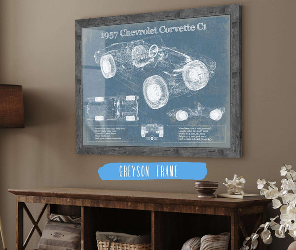 14" x 11" / Greyson Frame Cutler West 1957 Chevrolet Corvette C1 Vintage Blueprint Auto Print