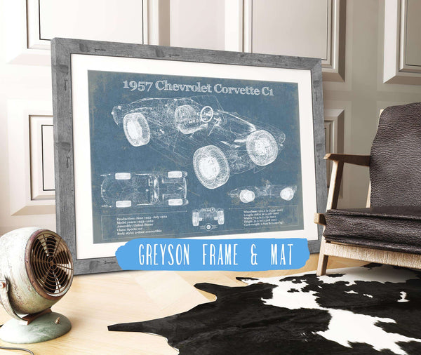 14" x 11" / Greyson Frame & Mat Cutler West 1957 Chevrolet Corvette C1 Vintage Blueprint Auto Print