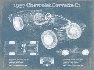 14" x 11" / Unframed Cutler West 1957 Chevrolet Corvette C1 Vintage Blueprint Auto Print
