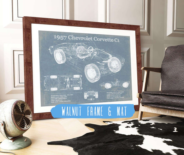 20" x 16" / Walnut Frame & Mat Cutler West 1957 Chevrolet Corvette C1 Vintage Blueprint Auto Print
