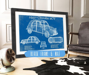 20" x 16" / Black Frame & Mat Cutler West 1957 Citroen 2Cv Vintage Blueprint Auto Print