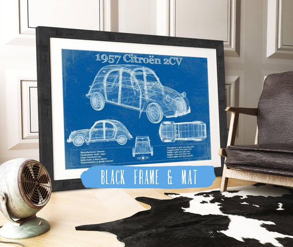 20" x 16" / Black Frame & Mat Cutler West 1957 Citroen 2Cv Vintage Blueprint Auto Print