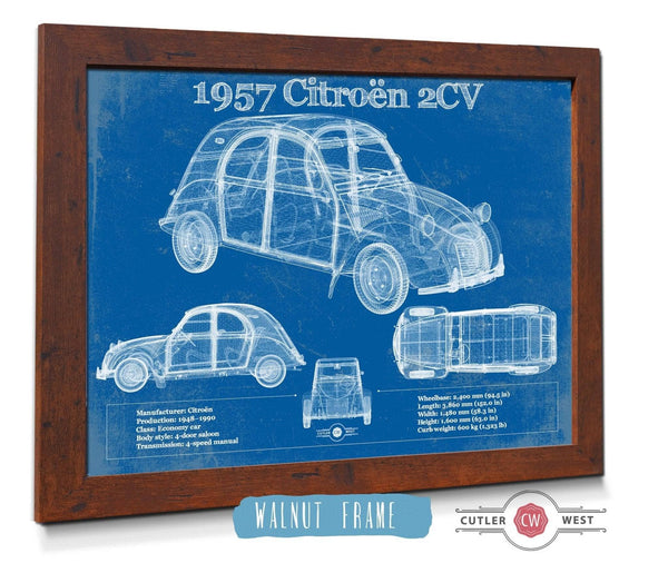 20" x 16" / Walnut Frame Cutler West 1957 Citroen 2Cv Vintage Blueprint Auto Print