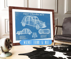 20" x 16" / Walnut Frame & Mat Cutler West 1957 Citroen 2Cv Vintage Blueprint Auto Print