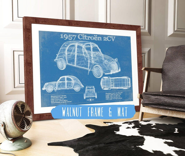20" x 16" / Walnut Frame & Mat Cutler West 1957 Citroen 2Cv Vintage Blueprint Auto Print