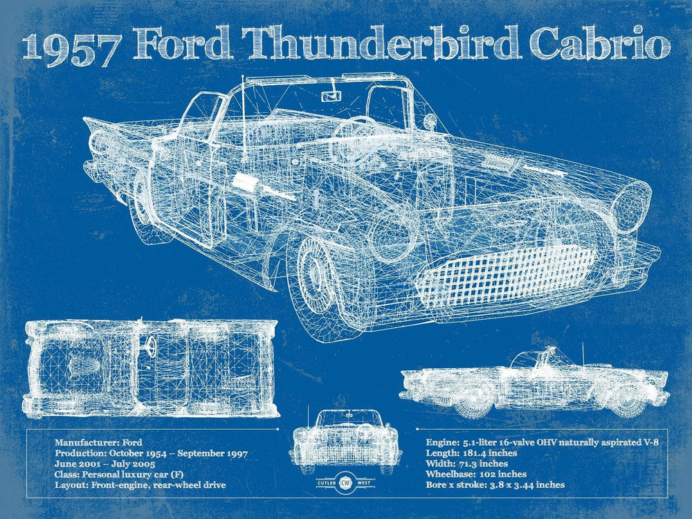 14" x 11" / Stretched Canvas Wrap Cutler West 1957 Ford Thunderbird Cabrio Blueprint Vintage Auto Print