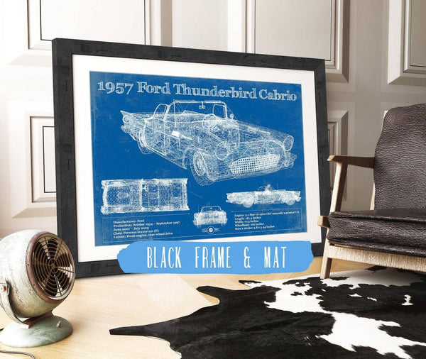 20" x 16" / Black Frame & Mat Cutler West 1957 Ford Thunderbird Cabrio Blueprint Vintage Auto Print