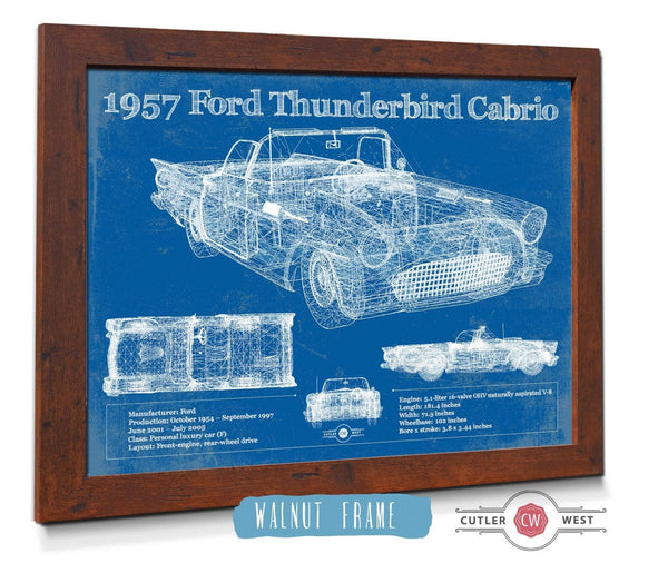 20" x 16" / Walnut Frame Cutler West 1957 Ford Thunderbird Cabrio Blueprint Vintage Auto Print